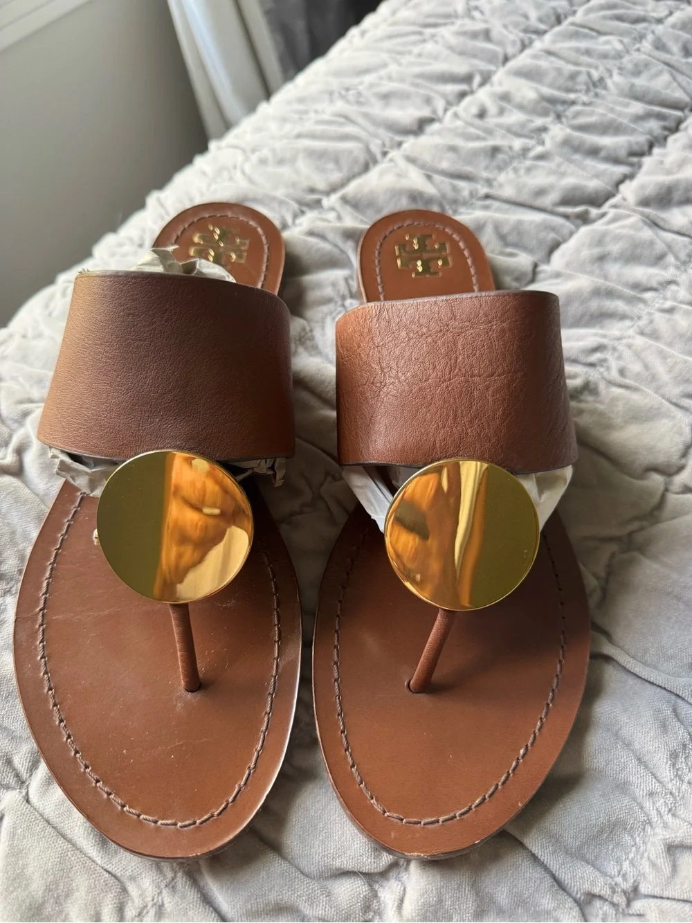 Tory Burch Brown Leather Toe-Post Sandals with Gold Disc